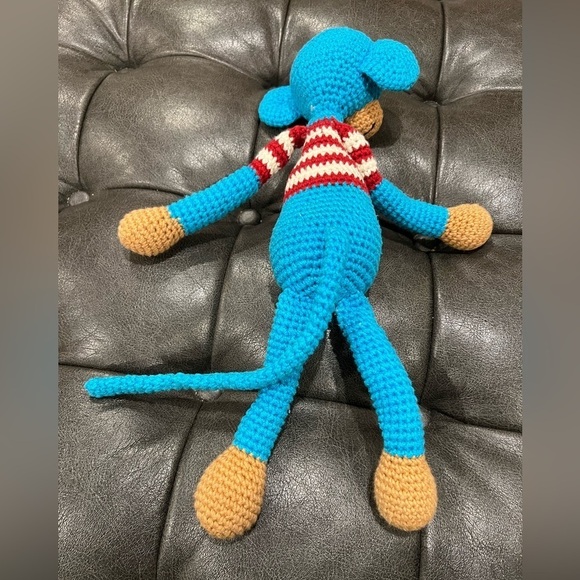 Blue Knit Monkey With Red and White Stripes - Picture 3 of 4